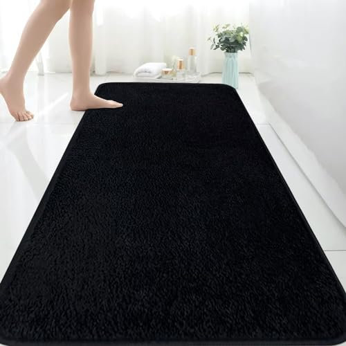 Rururug Badezimmermatte Weiche Mikrofaser Badematte, Badezimmerteppich Groß Bad Teppich 150x60cm, rutschfeste Waschbar Badvorleger, Schwarz