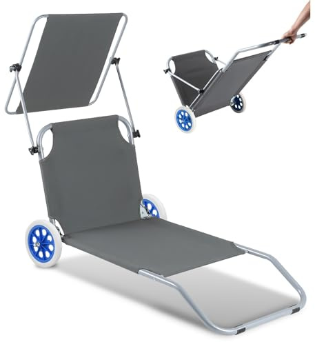 ISOISL Tumbona de playa con ruedas, plegable, 5 posiciones, respaldo ajustable, 100 kg, tumbona para playa o piscina, jardín, silla de playa plegable, color gris