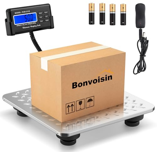Bonvoisin Balance Postale Numérique 300kg/660lb, 4 Unités, Tare et Comptage | Balance Colis avec Afficheur LCD Externe, Plateau Inox, Double Précision 300kg/0,1kg et 150kg/0,05kg