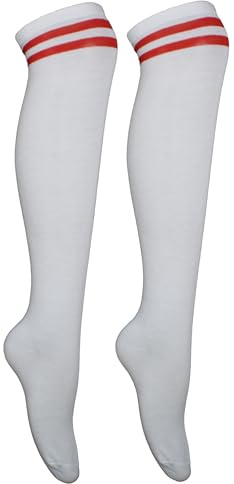 Cherry-on-Top Thigh High Socks White Knee High Socks Womens Knee-Highs Thigh Highs Stripe Long White Sock Over the Knee Womens Cheerleader Pub Golf Fancy Dress Red