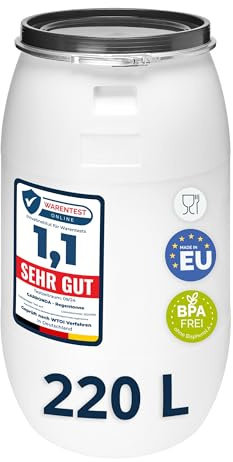 Garronda 220 liter bredhalsfat med lock – BPA-fri HDPE-behållare för vatten, regnvatten, förvaring och djurfoder, livsmedelssäkert universalfat för trädgården GD-0078, Vit | BPA-fri, med lock, som regnvattentunna, vattenfat och universalfat för trädgård, hushåll och matförvaring