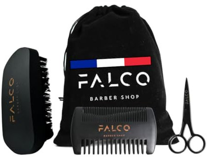 Falco Barber Shop - Kit Accessoires Professionnel Barbe et Cheveux - Brosse Poil De Sanglier Naturel, Peigne En Bois De Poirier Et Ciseau De Précision Avec Pochette De Voyage Velours Pour Homme