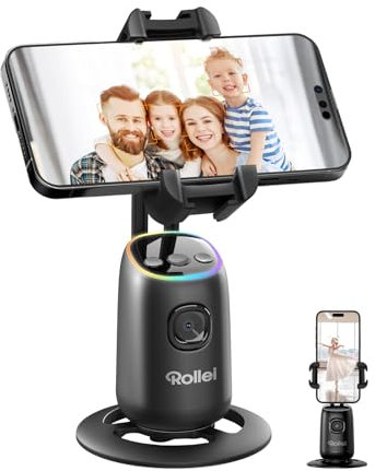 Soporte Seguimiento Facial, Rollei Easy Creator Desktop Trípode Móvil 360° Seguimientos Automático AI Palo Selfie de Teléfono con Tipo C Carga para Tiktok Youtube Live Streaming Video Grabación Vlog