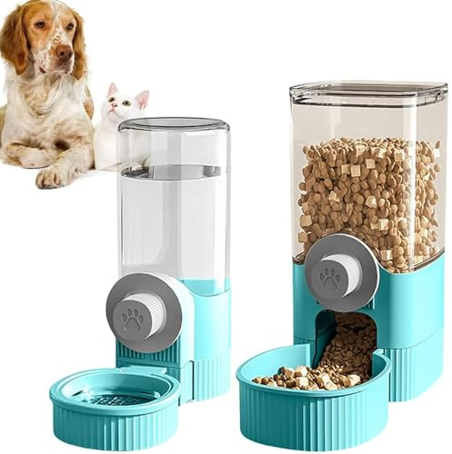 Alimentador Automático para Chinchilla, Jaula Colgante Alimentador para Gatito, Juego Alimentación y Bebedero, Dispensador automático de Comida para Animales, para Mascotas Pequeñas y Medianas (Azul)