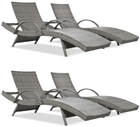 Yayzy 80'' Long Outdoor Wicker Chaise Lounge Chairs Set of 4, Patio Rattan Reclining Chair with Adjustable Backrest & Armrests, Durable PE Rattan Sunbathing Chairs for Pool, Garden, Backyard, Grey