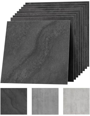 Revêtement de sol en PVC autocollant - 30 x 30 cm - Aspect pierre - Aspect carrelage en vinyle - Imperméable et durable - Pour salon, cuisine, salle de bain, balcon - Noir mat - 50 carreaux - 4,5 m²