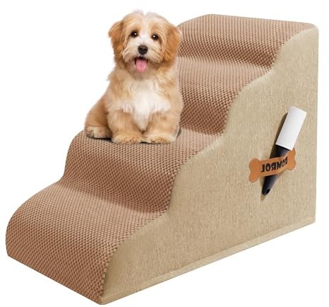 ROMROL Dog Stairs for Small Dogs, 4-Step Non-Slip Pet Ramp for Bed & Sofa – High-Density Foam, Removable Washable Cover – Soft Dog Steps for Puppies, Senior Dogs & Cats, 58x38x38cm, Brown