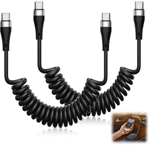 2 PCS 66W Coiled USB C to TypeC Cable for Car Charger Fast Charge Coiled Type-C Phone Cable 0.3-1.2m Short Data Transfer for Apple Android iPhone 16 17 Pro Max Galaxy S23 Ipad (Black)