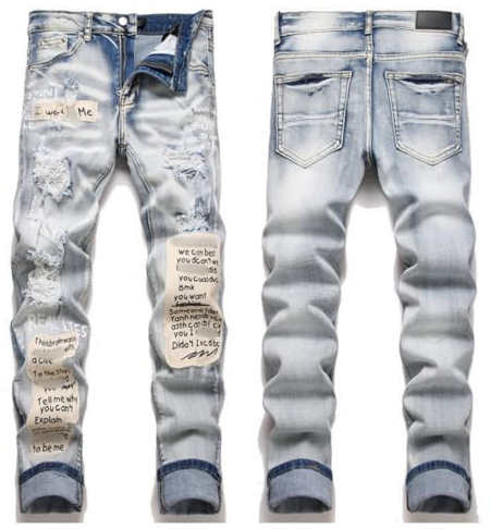 Herrjeans i töjbar denim med stjärntryck, slitna och uppvikta vintagejeans,F,34