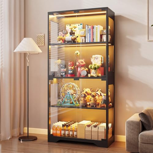 JUMMICO Glasvitrine mit Beleuchtung LED bunt dynamische Lichteffekte, wandhängend, für Figuren, stehend, Holz, Glasvitrine für Sammlerstücke 4 Ebenen, schwarz, 165,5 x 80 x 35 cm
