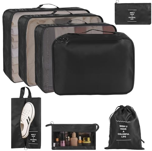 MosaiRudo Juego De 8 Organizadores Para Maletas, Cubos De Embalaje Para Vacaciones Y Negocios, Organizador De Viajes, Bolsas De Almacenamiento Para Ropa, Zapatos (8, Negro)