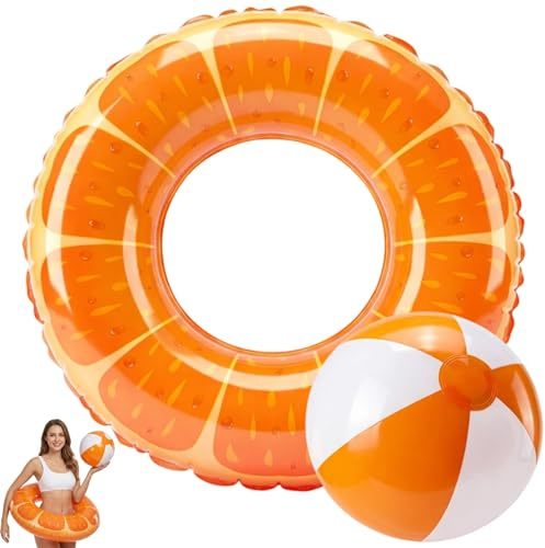 Swim Ring, Pool Floats, 2 PCS Swimming Pool Inflatables Set with Orange Rubber Ring and Orange Beach Balls, Leak-proof Swimming Float for Outdoor Summer Beach Water Sport Pool Party Supplies