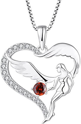 FJ Collar de corazón con colgante de ala de ángel de la guarda, plata de ley 925 con piedra de nacimiento, circonita cúbica, regalo para mujeres y niñas, Piedra preciosa, Granate Circonita cúbica