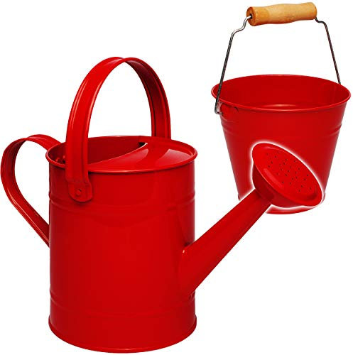 2 TLG. Set: Kleiner - Eimer + Gießkanne - Metall - rot - 1,5 Liter - Blech Kindereimer Blecheimer/Metalleimer Sandeimer/Kindereimer Garteneimer - Pflanzei..