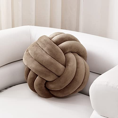 Sioloc Almohadas de bola de nudo suave, cojín redondo para decoración del hogar, almohada de felpa, almohada anudada hecha a mano redonda de felpa (7.8 pulgadas, marrón)
