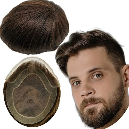 Protesi Capelli Uomo Yanahair Toupee per Uomini Parrucchini Parrucca Capelli Veri Uomo Parrucche 100% Europeo Capelli Umani Veri Fine Francese Pizzo con PU Toupet (8x10”,#2 Castano scuro)