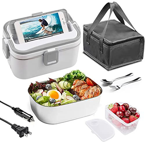 Ailgely Scaldavivande Elettrico Portatile USB Acciaio,Portapranzo Elettrico 1.8L,Lunch Box Elettrico 220V+12V+24V,con Forchetta e Cucchiaio,per Auto Camion e Ufficio