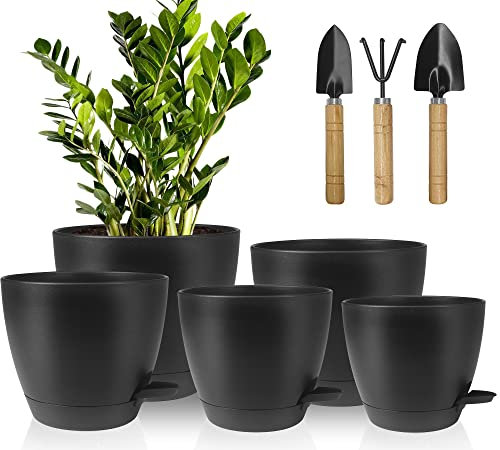 5 Pcs Pots de Fleurs en Plastique, 17.8/16.5/15.2/13.9/12.7cm Pots à Fleurs/Plantes en Plastique, Auto-Arrosant avec Soucoupe de Fleur Convient aux Jardins de Balcon Intérieurs et Extérieurs(Noir)