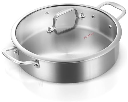 DELARLO Stainless Steel Pans,6QT Saute Pan,12 inch Everyday Pan with Lid,Dishwasher-Friendly Braiser,Stay-Cool Handles,Oven-Safe Up to 660℉