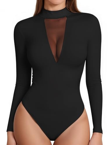 MANGOPOP Long Sleeve Body Suit Mock TurtleNeck Bodysuit for Women Mesh Deep V Bodysuit Tops, Black, Small