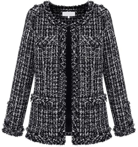 Leyoutx Blazer de Tweed a Cuadros sin Cuello para Mujer, Elegante Frente Abierto con Flecos, Casual, Chaqueta con Purpurina, Negro -, XS
