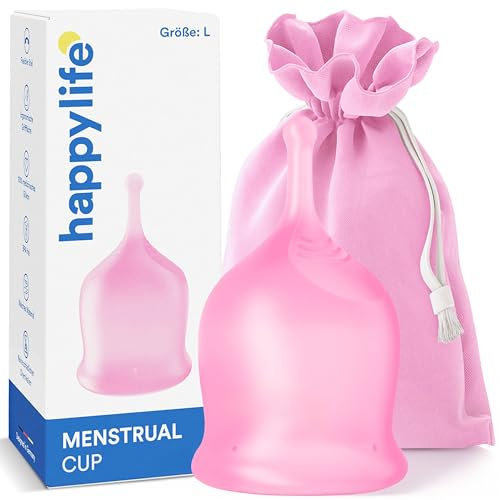 Happylife Menstruationstasse Größe L - Pink - 100% medizinisches Silikon - Ergonomischer Stiel - BPA frei - Weiches Material - Innovatives Design - 35mm Durchmesser - 25ml Fassungsvermögen -Länge 74mm