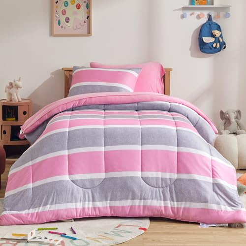 SLEEP ZONE Juego de edredón para niños, tamaño matrimonial/Queen, ropa de cama de punto jersey, 7 piezas, edredón súper suave y transpirable con sábanas, fundas de almohada (rayas rosas y grises)