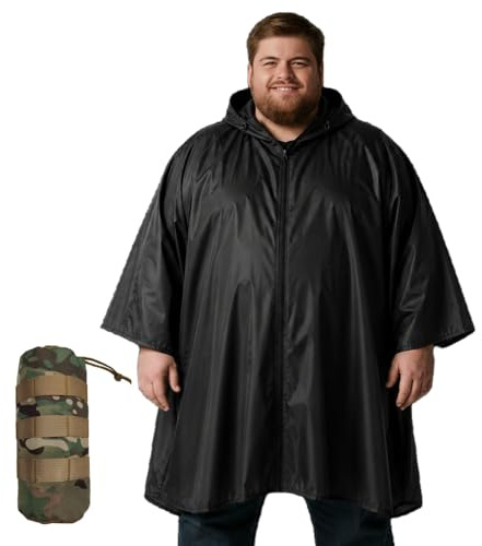 Nomadnia Plus Size Adult Rain Poncho with Hood and Zipper, Poncho Para Lluvia, Tactical Ponchos Adult For Camping, Hiking, Fishing, Travel and Outdoors. Easy to Pack. Black