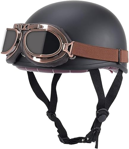 Retro tysk stil hjälm halvskal motorcykelhjälmar med glasögon, vintage keps halvansiktshjälmar för vuxna för män kvinnor, ECE-godkänd