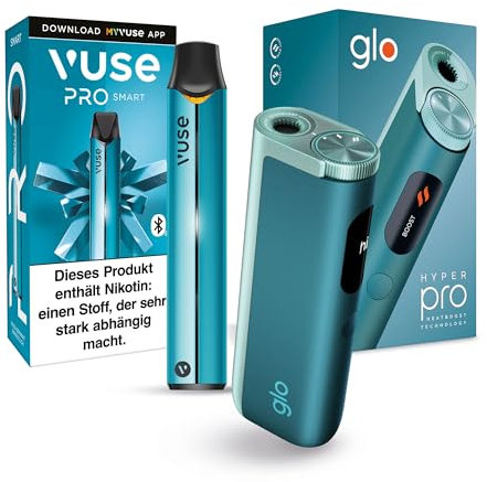 Vuse PRO Smart E-Zigaretten Starter-Set mit Zugautomatik, Vape mit Bluetooth Funktion,Cloud-Control Feature, Keine einweg ePod caps enthalten, Farbe: Aqua und GLO Hyper Pro Tabakerhitzer, Elektrische
