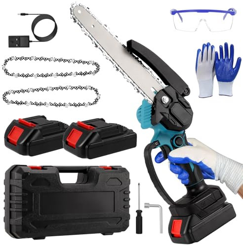 Mini Chainsaw Cordless 8 Inch with Brushless Motor, Electric Chain Saw with 2* Batteries & 2*Chains, Portable Handheld Chainsaw for Gardening for Wood Cutting Tree Pruning, UK Plug Charger