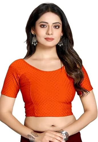 Stylesindia Cotton Lycra StretchableSaree Blouse Half Sleeve Dry Fit Workout Crop Top Gym Sports Top Authletic Shirt, Orange, XL