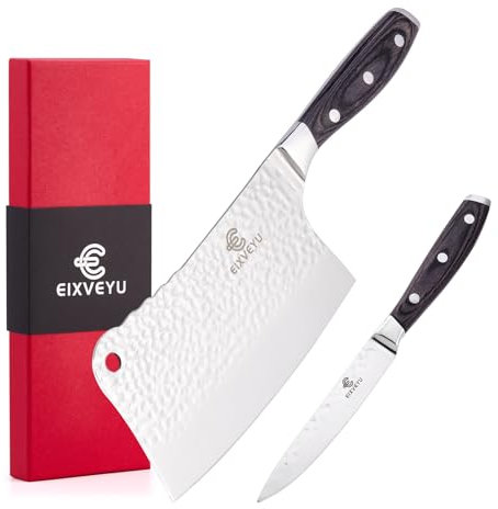 EIXVEYU Set de Couteaux de Cuisine 2 Pièces Couteau de Boucher et Couteau à Fruits,Couteau de Chef Forgé Couteau à Os Haché Couteau à éplucher Couteau à Viande Avec Manche en Bois et Emballage Cadeau