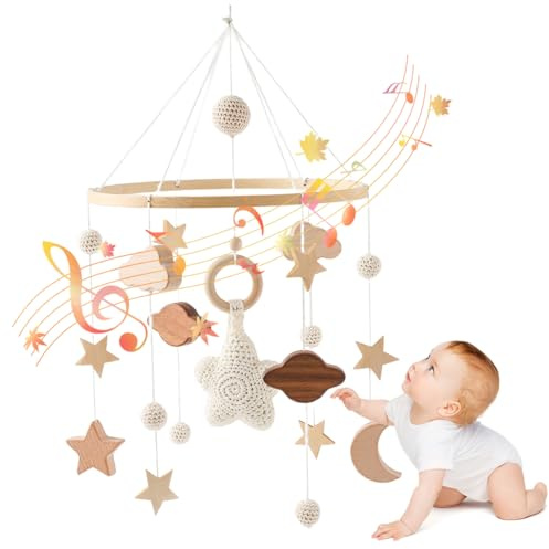 HoveeLuty Mobile pour berceau de bébé, étoiles, nuages, lune, son apaisant, bois naturel, crocheté à la main, bohème, développement précoce, montage au berceau, espace