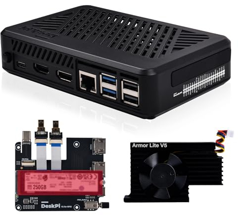 GeeekPi DeskPi Lite Pi5-fodral med strömknapp, PCIe till M.2 hatt, aktiv kylare och dubbel fullstorlek HDMI för Raspberry Pi 5, stöder M.2 NVMe M-Key 2230/2242/2260/2280 SSDs