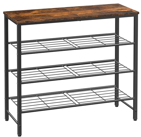 Kitsure Schuhregal mit Holzplatte, platzsparende Schuhregal aus Metall, langlebiges Aufbewahrung für Kleiderschrank, Eingangsbereich, Flur, 29 x 75 x 63 cm, Vintagebraun