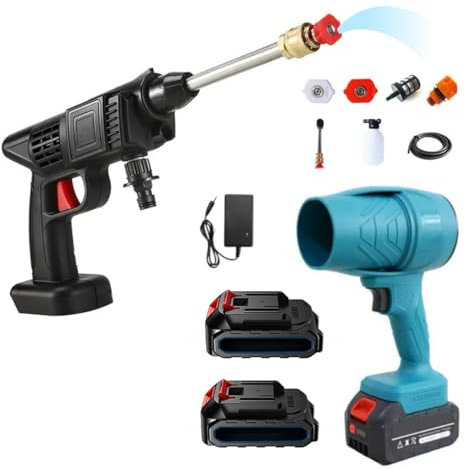 Mini soplador a batería para hojas con turbocompresor e hidrolimpiadora a batería potente, velocidad del aire hasta 126 km/h, equipado con 2 baterías de 48 V 3000 mAh (soplador e hidrolimpiadora)