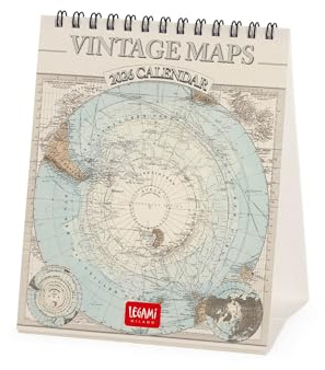 Legami - Calendrier de Bureau 2026, Vintage maps, 12 Mois et Calendrier Annuel, en 6 Langues, Signes du Zodiaque, Fêtes Internationales, 12 X 14,5 Cm