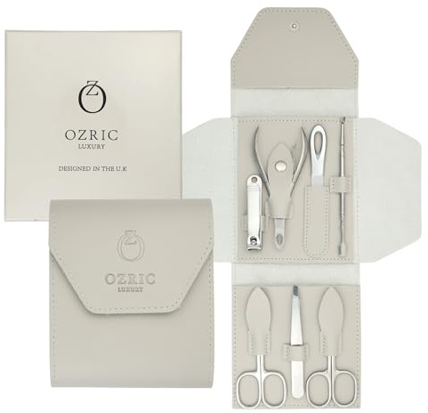 Ozric Luxury Set per manicure e pedicure, da donna, con tagliaunghie e kit per la cura delle unghie, in acciaio inox, con custodia da viaggio in pelle grigia, design elegante nel Regno Unito