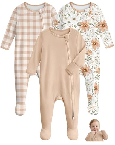 Unnivoll Baby Pajamas 100% Cotton Baby Sleepers for Newborn 3Pcs Footie Pajamas Baby Boys Girls Clothes, Soft Infant Footed PJs with Mitten Cuffs, Two Way Zipper, Long Sleeve