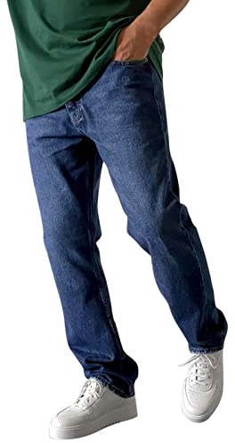 Generiska jeans för män slim fit: Denim byxor med fickor jeans raka ben jeans andas tygbyxor enfärgade utomhusbyxor bekväma stretchjeans klassiska avslappnade arbetsbyxor för män, Mörkblå, S