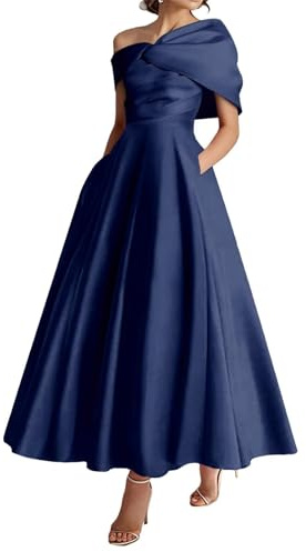 KIYNE Vestido formal para madre de la novia para mujer, con bolsillos, cuello en V, de satén, para invitada de boda, vestido formal, azul marino, 40