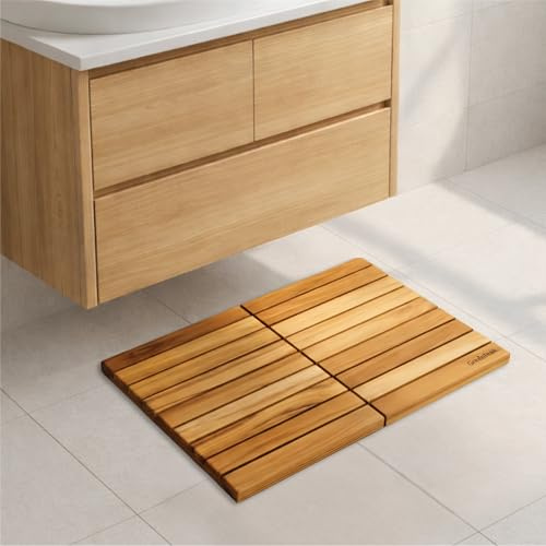 GREENTEAK Premium 24x16 Solid Teak Wood Shower Mat, Foldable Teak Bath Mat, Fast-Drain Slatted Design, Non-Slip Feet, Water-Resistant, for Bathroom, Door, Sauna, Indoor & Outdoor, 385 Lbs Capacity