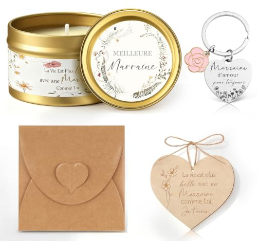 Hestya Ensemble de 4 Pcs Cadeau Marraine Inclure Bougie Parfumée Porte-Clés Plaque en Bois en Forme de Cœur Enveloppe Cadeau Marraine Demande pour Noël Baptême Communion Anniversaire