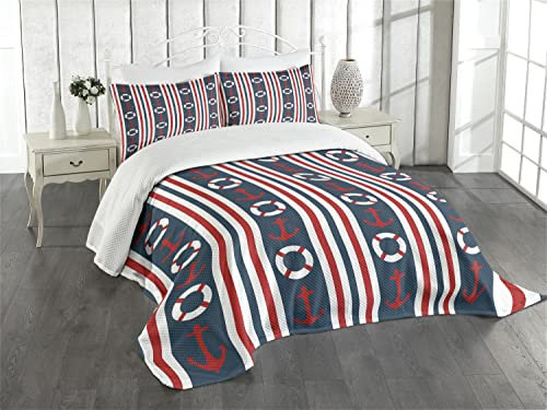 ABAKUHAUS Nautisch Tagesdecke Set, Stripes Maritime Icons, Set mit Kissenbezügen Klare Farben, für Doppelbetten 220 x 220 cm, Indigo Red White