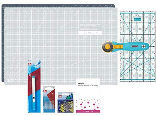 SEMPLIX Patchwork Starter Set with Cutting Pad (A3), Rotary Cutter Maxi, Ruler + Prym Sewing Needles, Pins & Trick Markers Grey/Turquoise