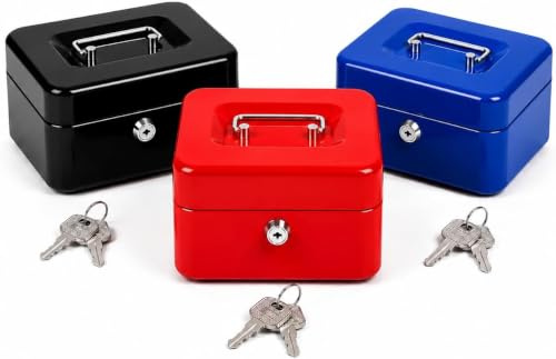 8-Inch Lockable Steel Cash Box with 2 Keys, Assorted Colour | Sturdy steel cash box with lock and 2 keys for organising petty cash, coins and notes at home, offices or shops.