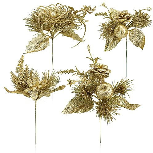 com-four® 4x composizioni decorative, ramoscelli come fantastiche decorazioni natalizie, bellissime decorazioni per la stanza, anche per ghirlande e composizioni floreali (color oro - piccolo)