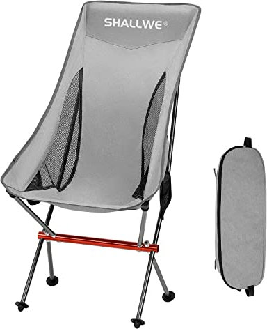 SHALLWE Ultraleichter, klappbarer Campingstuhl mit hoher Rückenlehne, verbesserte Aluminium-Struktur, Seitentasche und Tragetasche, kompakt und strapazierfähig für Outdoor-Rucksackreisen (Grau)