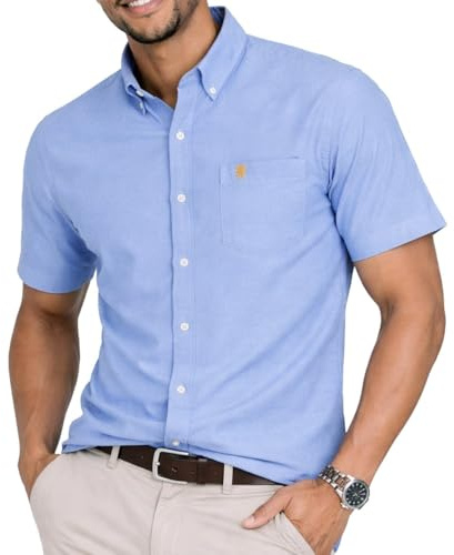 Mens Short Sleeve Oxford Shirt Plain or Stripe,Classic Fit,Button Down Collar & Pocket. Holiday Apparel Leisure Shirts. By Janeo British Apparel.